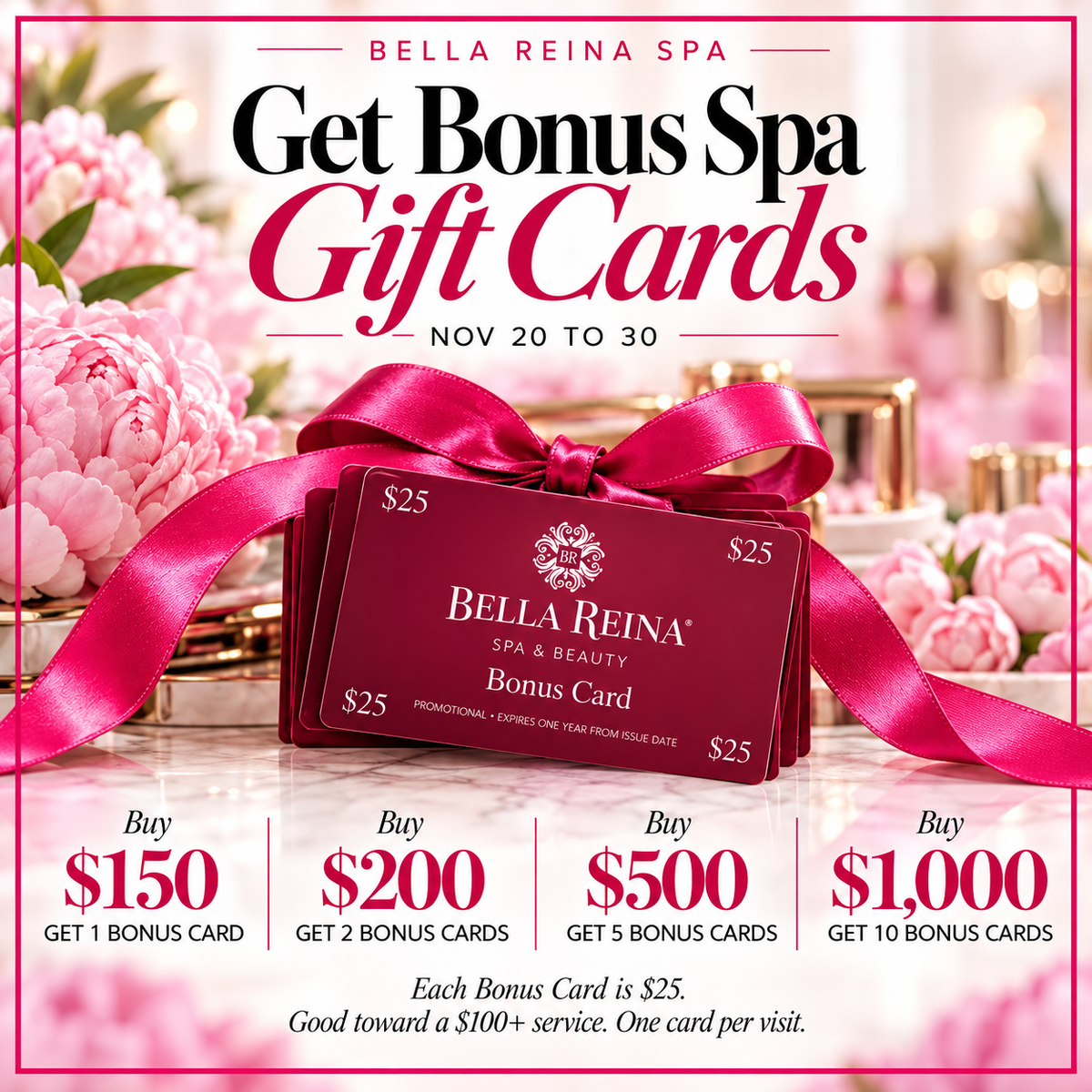 Bella Reina Spa $25 Bonus Cards tied with a pink satin ribbon, surrounded by pink peonies